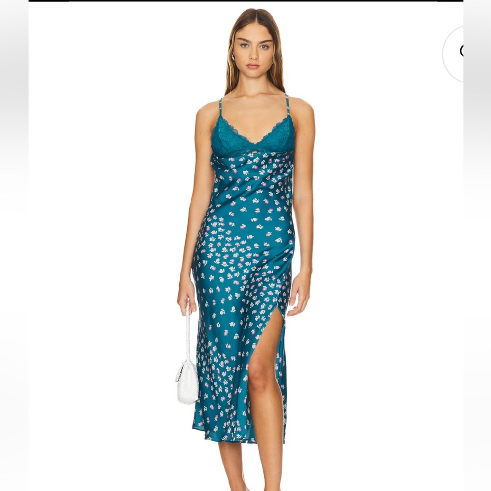NWT Intimately Free People Floral Print CutOut Lace Trim Nightgown in Blue